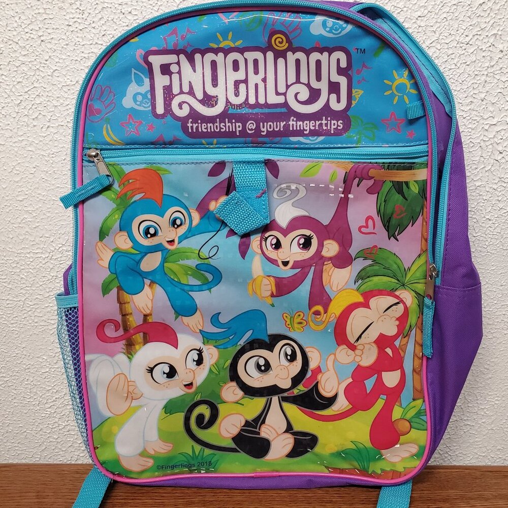 Kids 2018 Fingerlings Backpack with multicolor front, purple back & pink straps